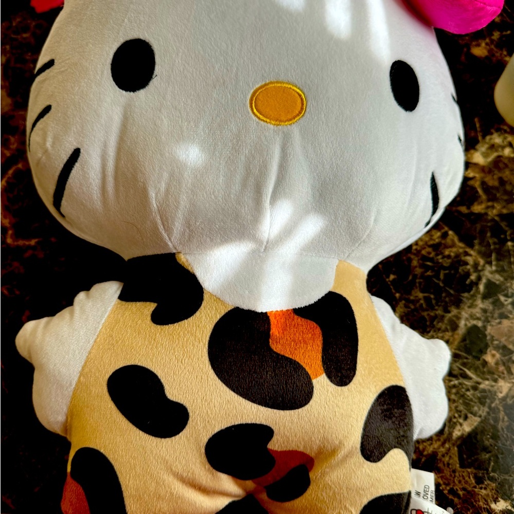 Hello Kitty Plush Pillow in White, Black, Tan & Orange Leopard Print